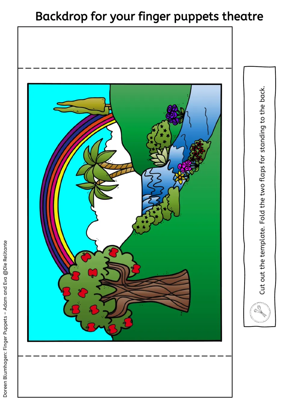 Color garden backdrop with an apple tree, rainbow, palm trees and a stream; students cut it out and fold two flaps to stand