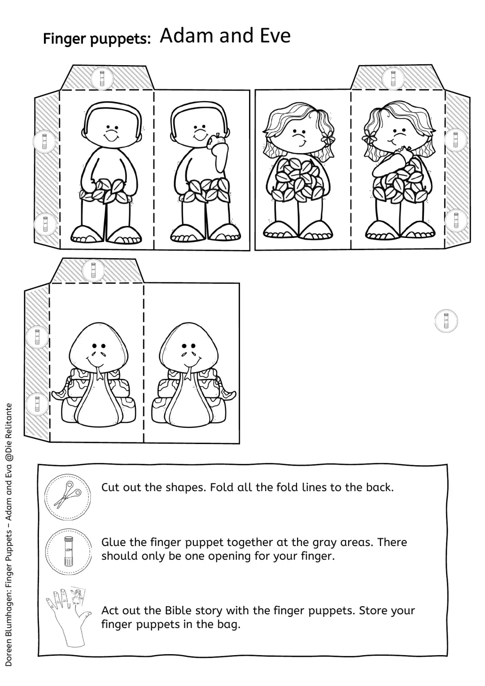 Black-and-white Adam, Eve and serpent puppet templates for students to color, cut, fold and glue into their own puppets