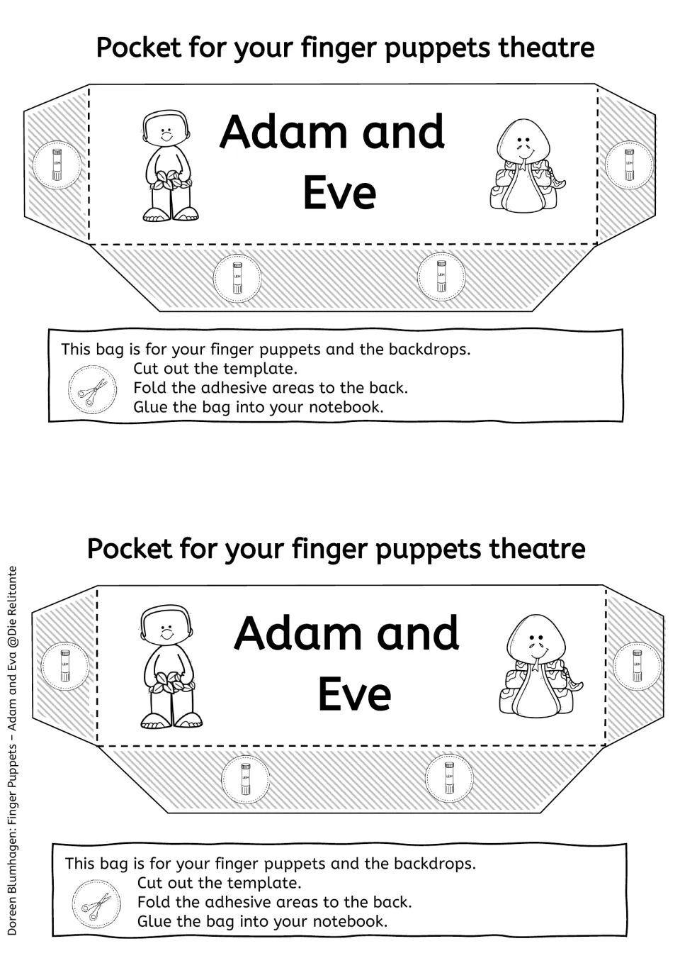 Black-and-white pocket templates for coloring, two per page, with Adam and the serpent; students glue the bag into a notebook