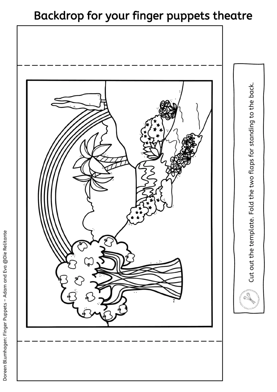 Black-and-white garden backdrop to color: apple tree, rainbow, palm tree, stream and flowers, with flaps folded back to stand