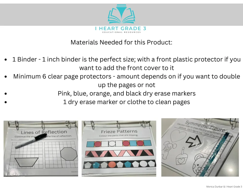 Binder setup materials include a 1-inch binder, at least six clear page protectors, and dry erase markers