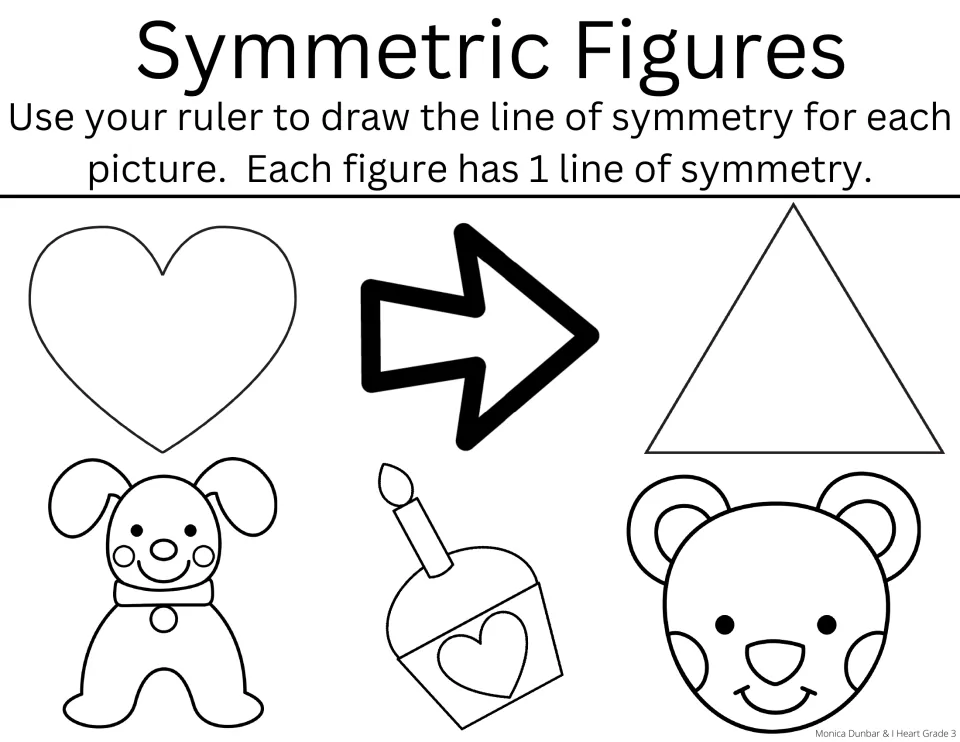 Symmetric Figures practice: draw a symmetry line on a heart, arrow, triangle, dog, cupcake, and bear face