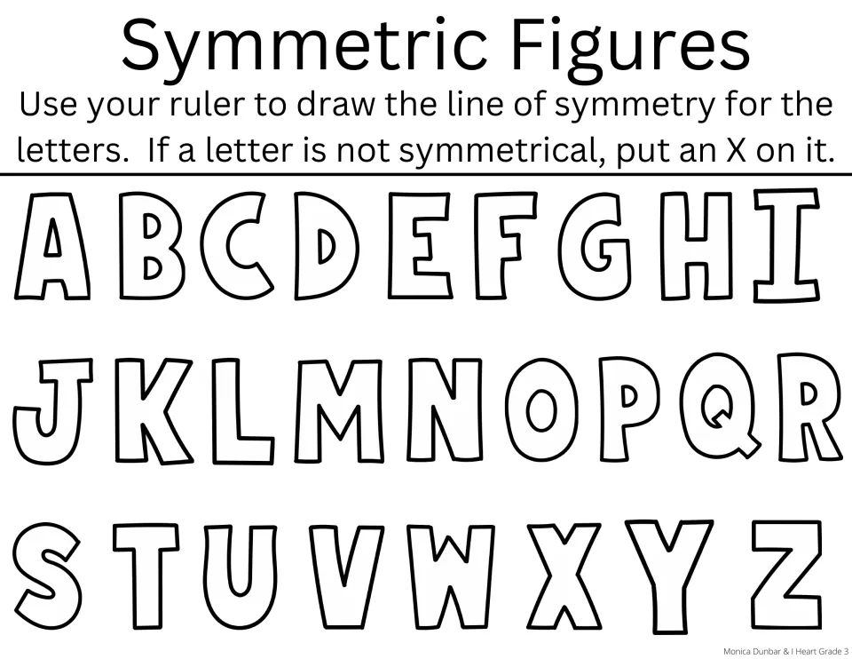 Symmetric Figures alphabet practice: draw symmetry lines on uppercase A–Z and mark nonsymmetrical letters X