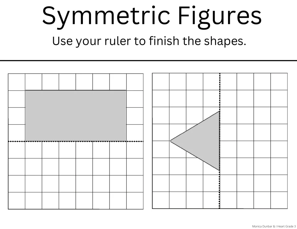 Symmetric Figures completion practice: use a ruler to finish two shapes from a rectangle and a triangle