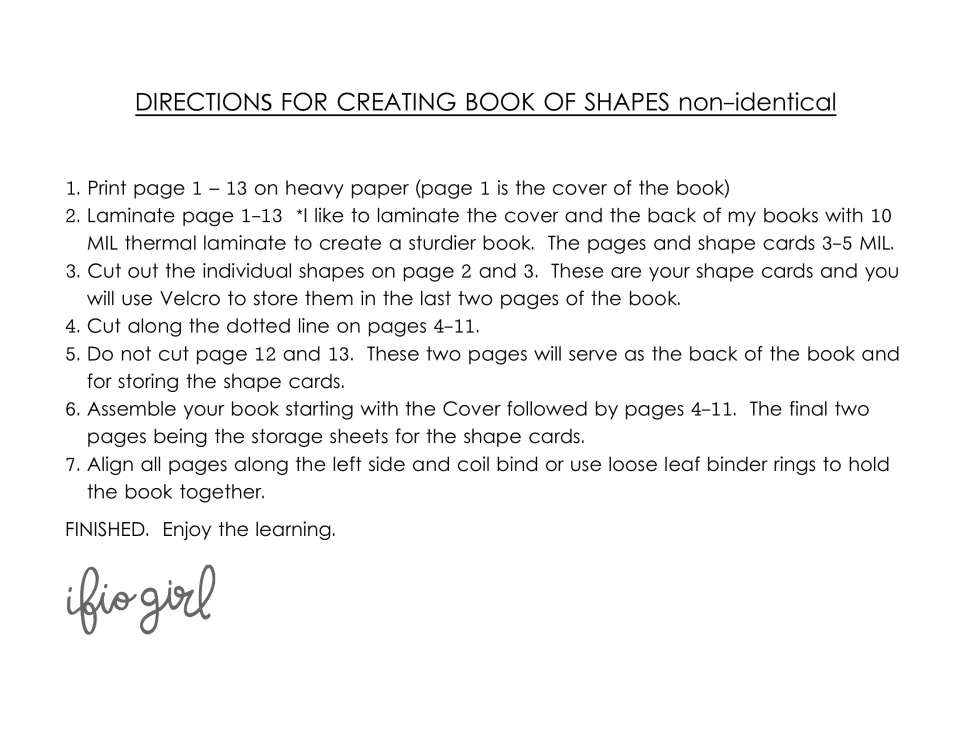 Assembly directions in 7 steps: print on heavy paper, laminate, cut out shape cards, cut dotted lines, then coil bind pages