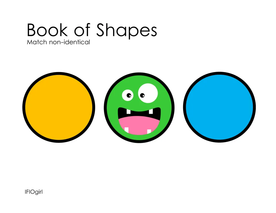 Book of Shapes cover, subtitled Match non-identical, showing a yellow circle, a green monster circle and a blue circle