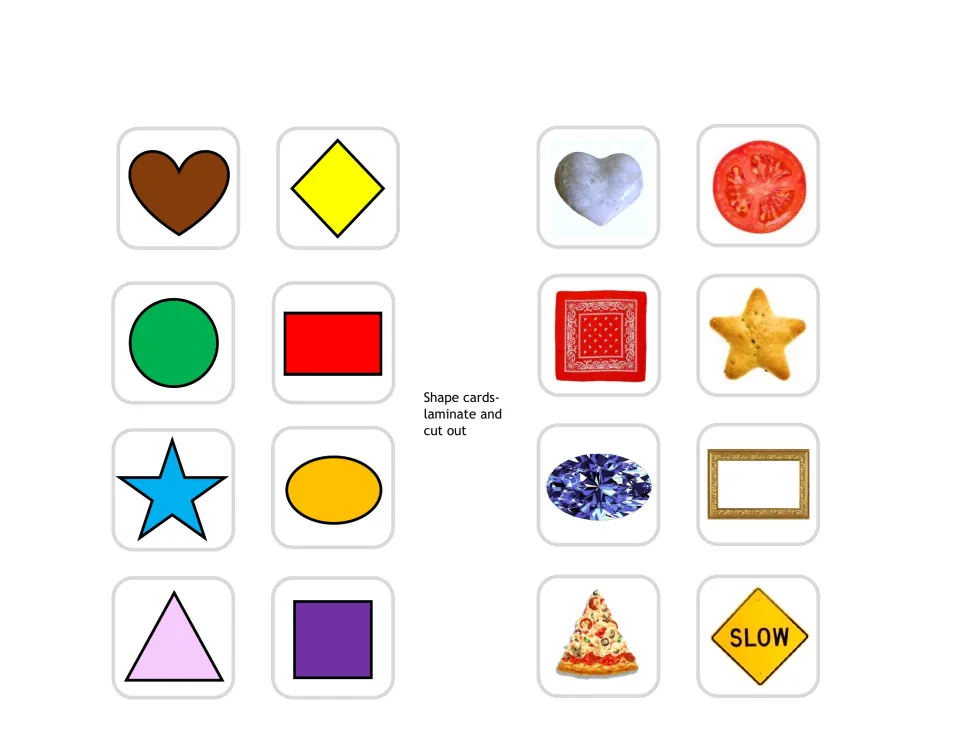 Shape cards to cut out: 8 colored shapes plus photos of real objects such as a pizza slice, tomato, bandana and SLOW sign