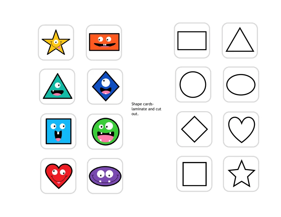More shape cards to cut out: 8 shapes with cartoon monster faces and 8 matching shapes drawn as plain black outlines