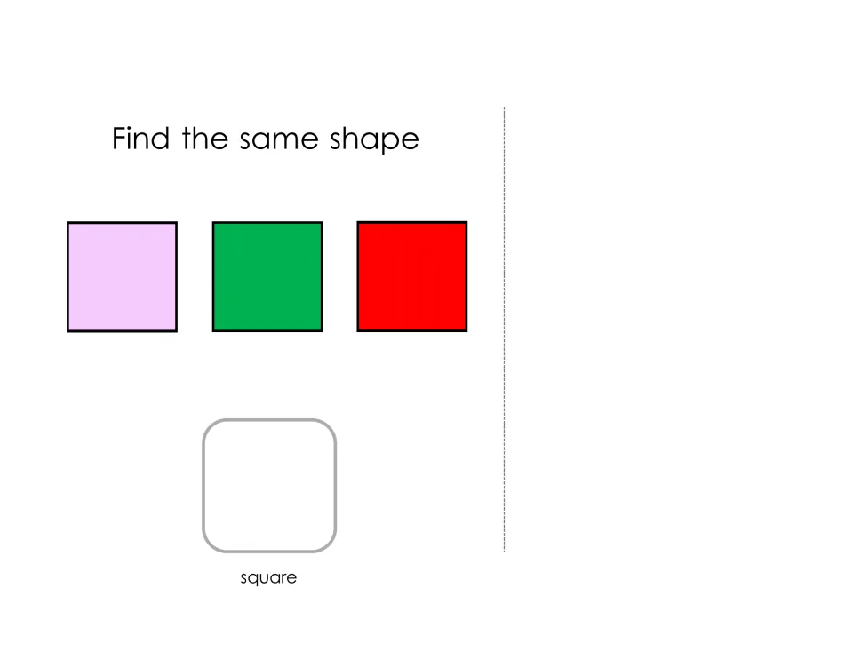 Square matching: students look at pink, green and red squares and place a different-looking square card in the spot below