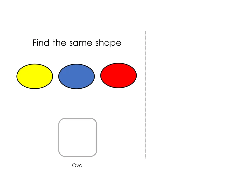 Oval matching: yellow, blue and red ovals shown; students find a non-identical oval card and stick it on the labeled spot