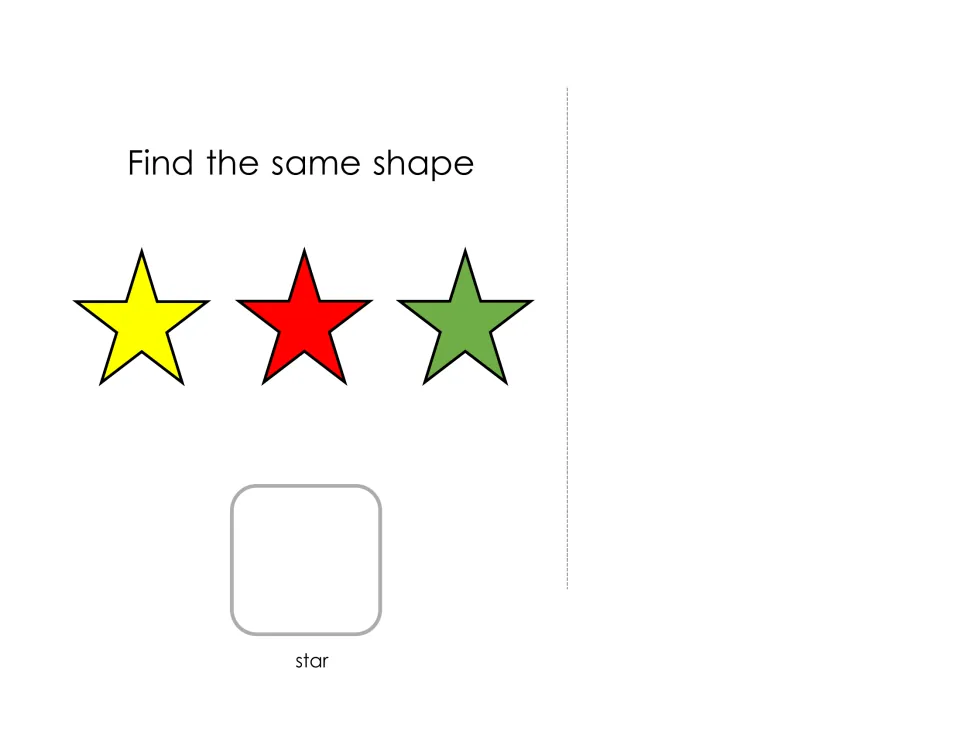 Star matching: yellow, red and green stars are shown, and students select a star card to place in the spot labeled star