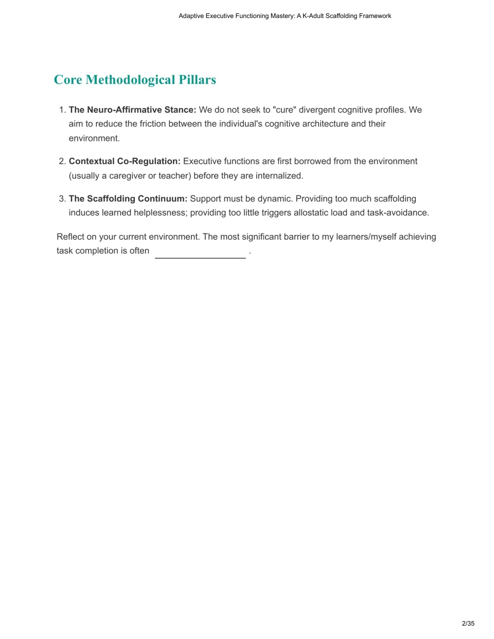 Methodology page explains the neuro-affirmative stance, contextual co-regulation, and scaffolding continuum.