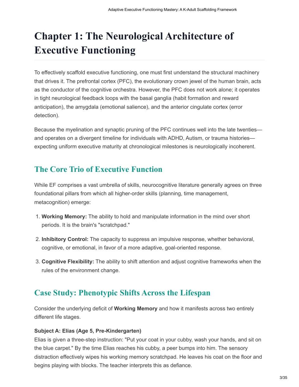 Chapter 1 introduces working memory, inhibitory control, cognitive flexibility, and Elias's routine case study.