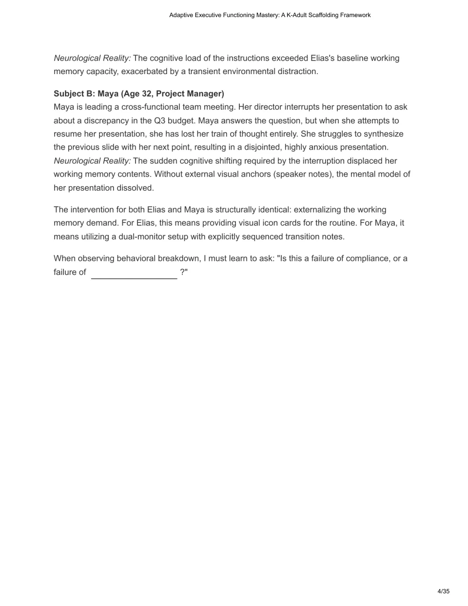 Chapter 1 continuation compares Elias's and Maya's working memory needs and describes external visual supports.