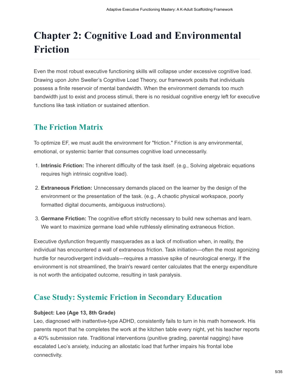 Chapter 2 explains cognitive load, three types of friction, and Leo's difficulty submitting completed homework.