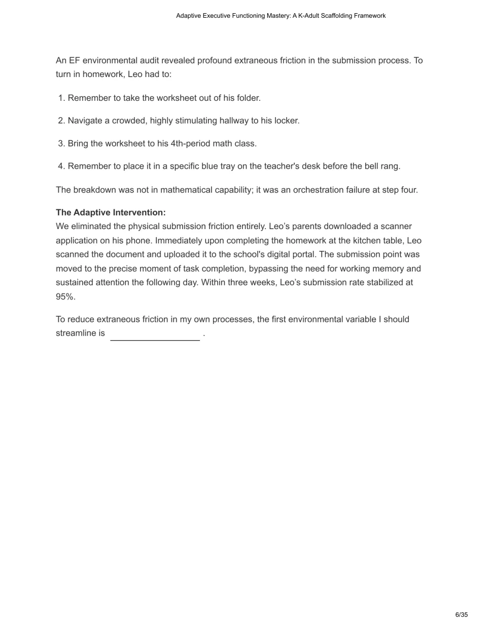 Chapter 2 continuation traces Leo's homework submission steps and an intervention using immediate digital uploads.