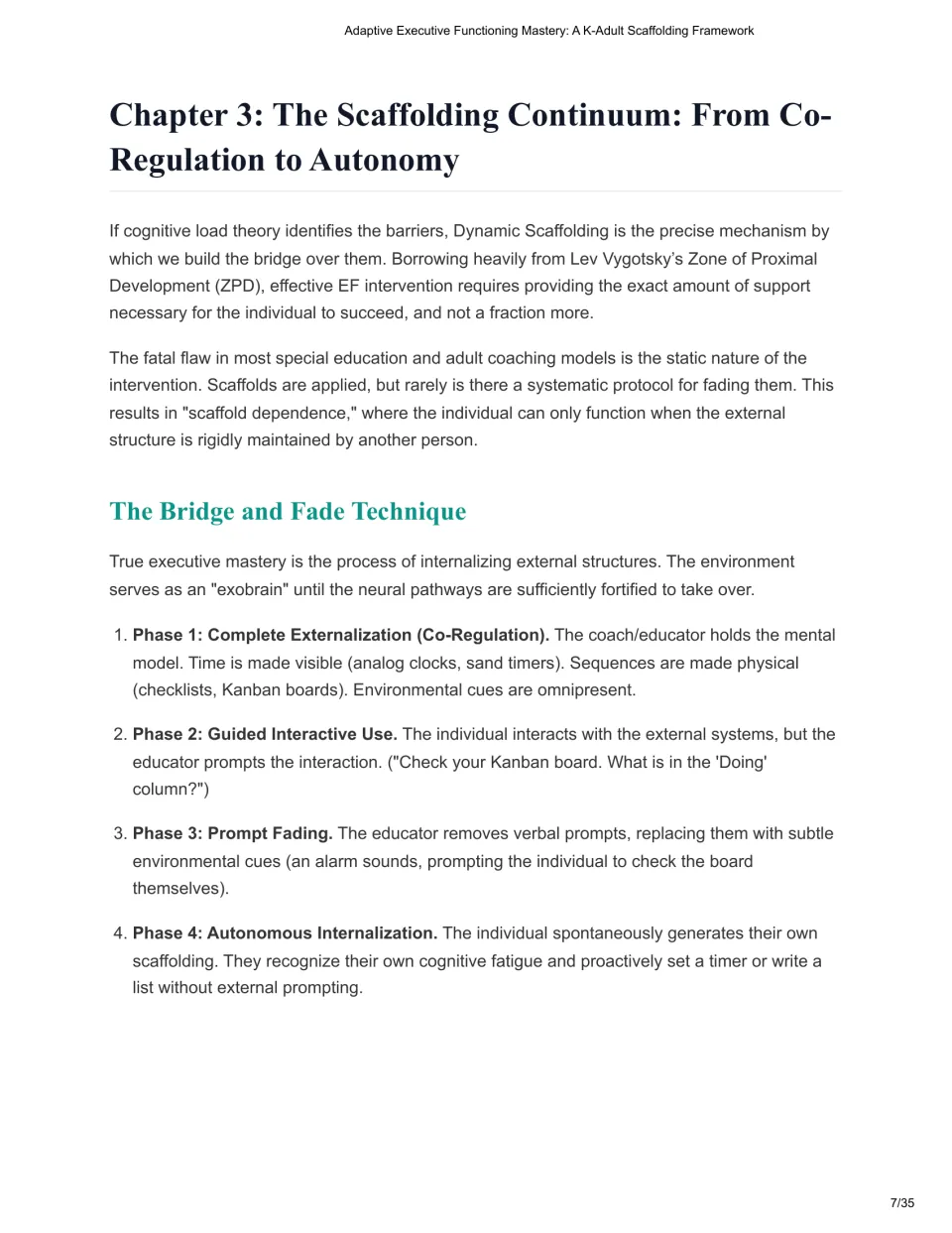 Chapter 3 presents four Bridge and Fade phases, from complete externalization to autonomous internalization.