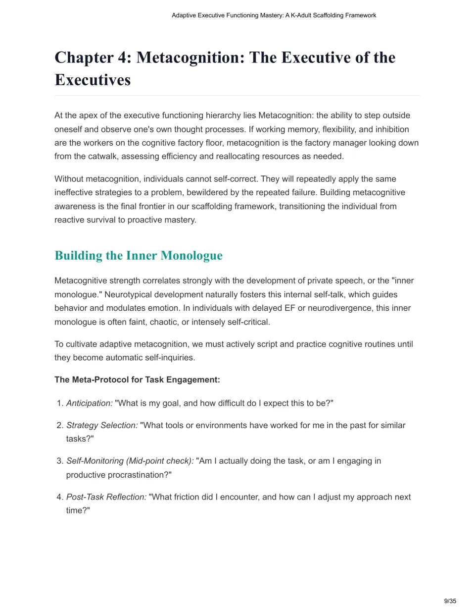 Chapter 4 introduces metacognition and four task engagement steps, from anticipation to post-task reflection.