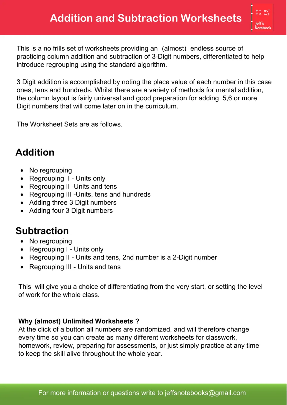 Overview of column addition and subtraction sets: no regrouping, regrouping levels I to III and adding three or four numbers