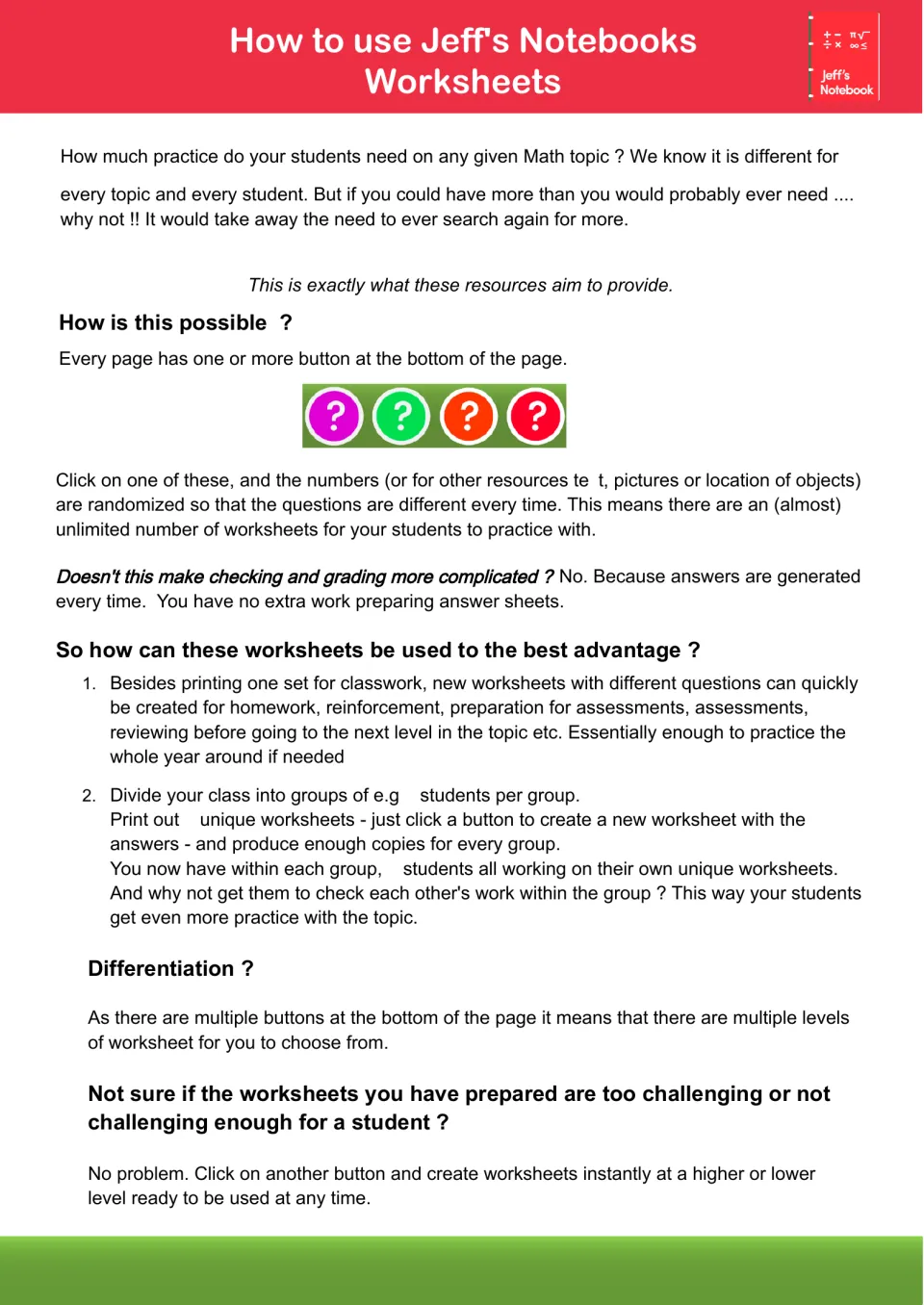 How to use Jeff's Notebooks worksheets: clicking buttons randomizes problems and answers, with tips for groups and levels
