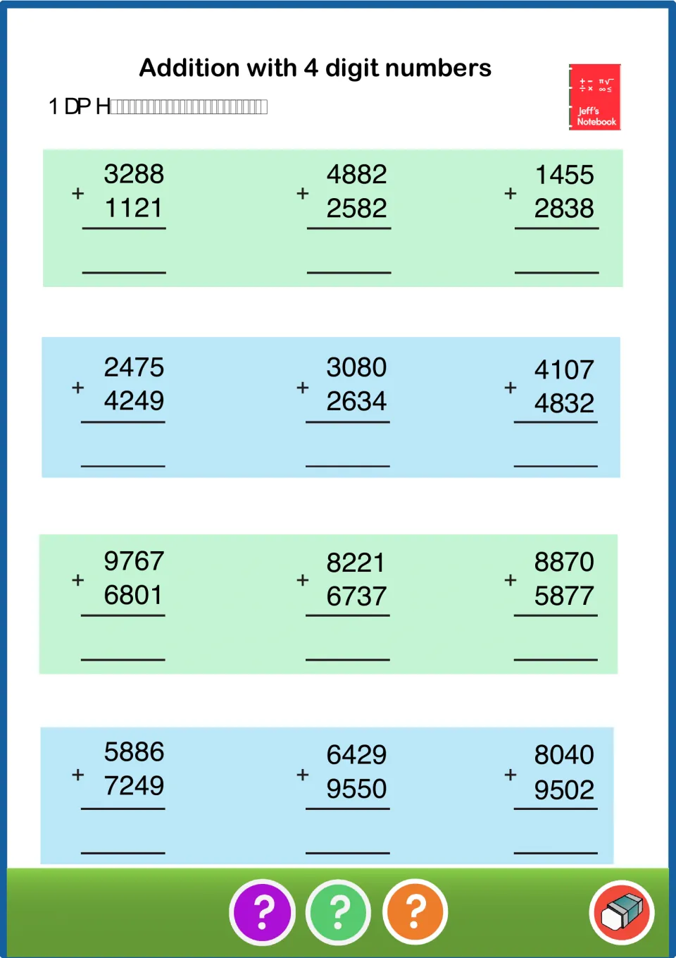 Addition with 4 digit numbers: students solve 12 vertical sums such as 3288 + 1121, some requiring regrouping