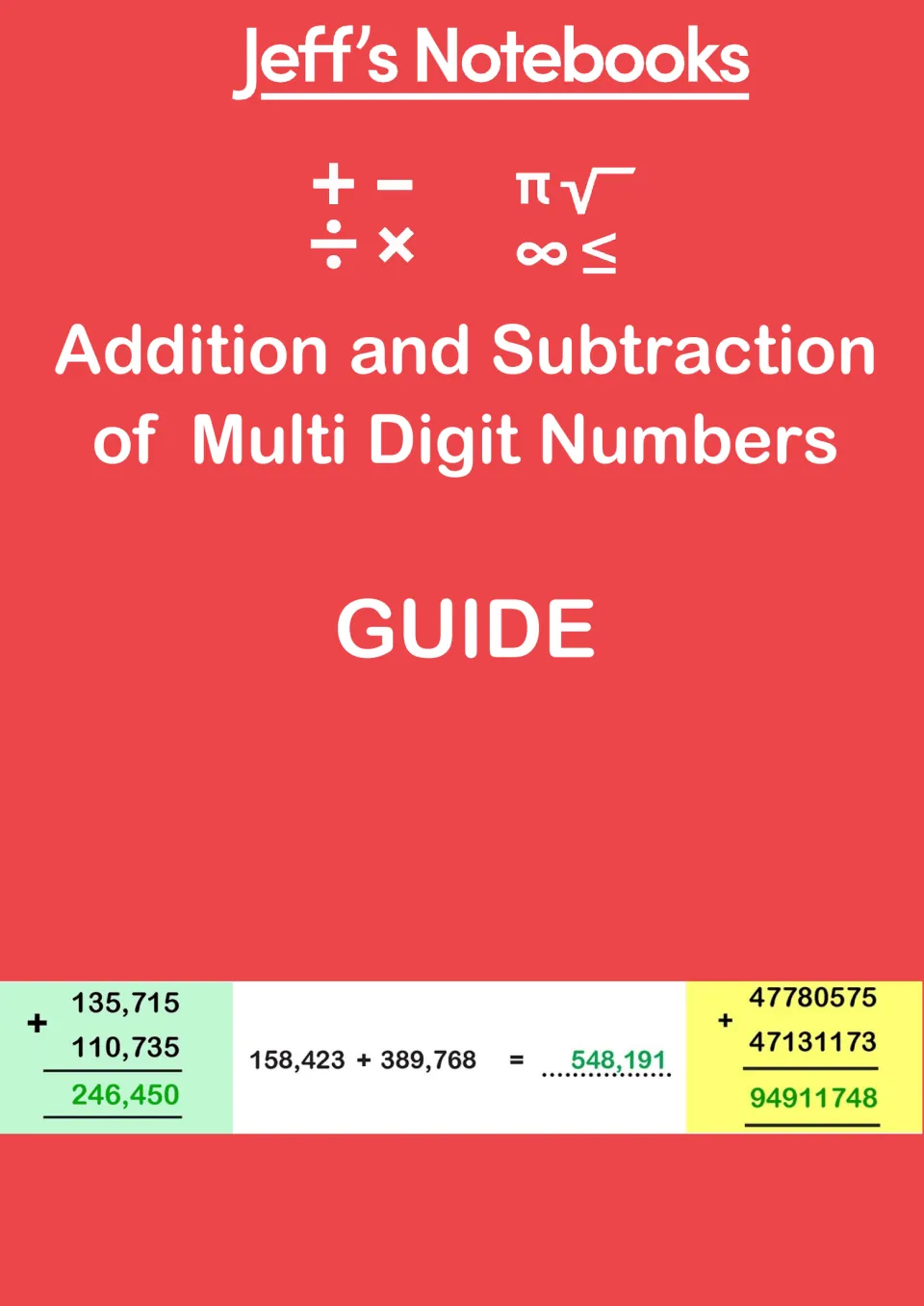 Guide cover for multi-digit addition and subtraction worksheets, with three worked addition examples