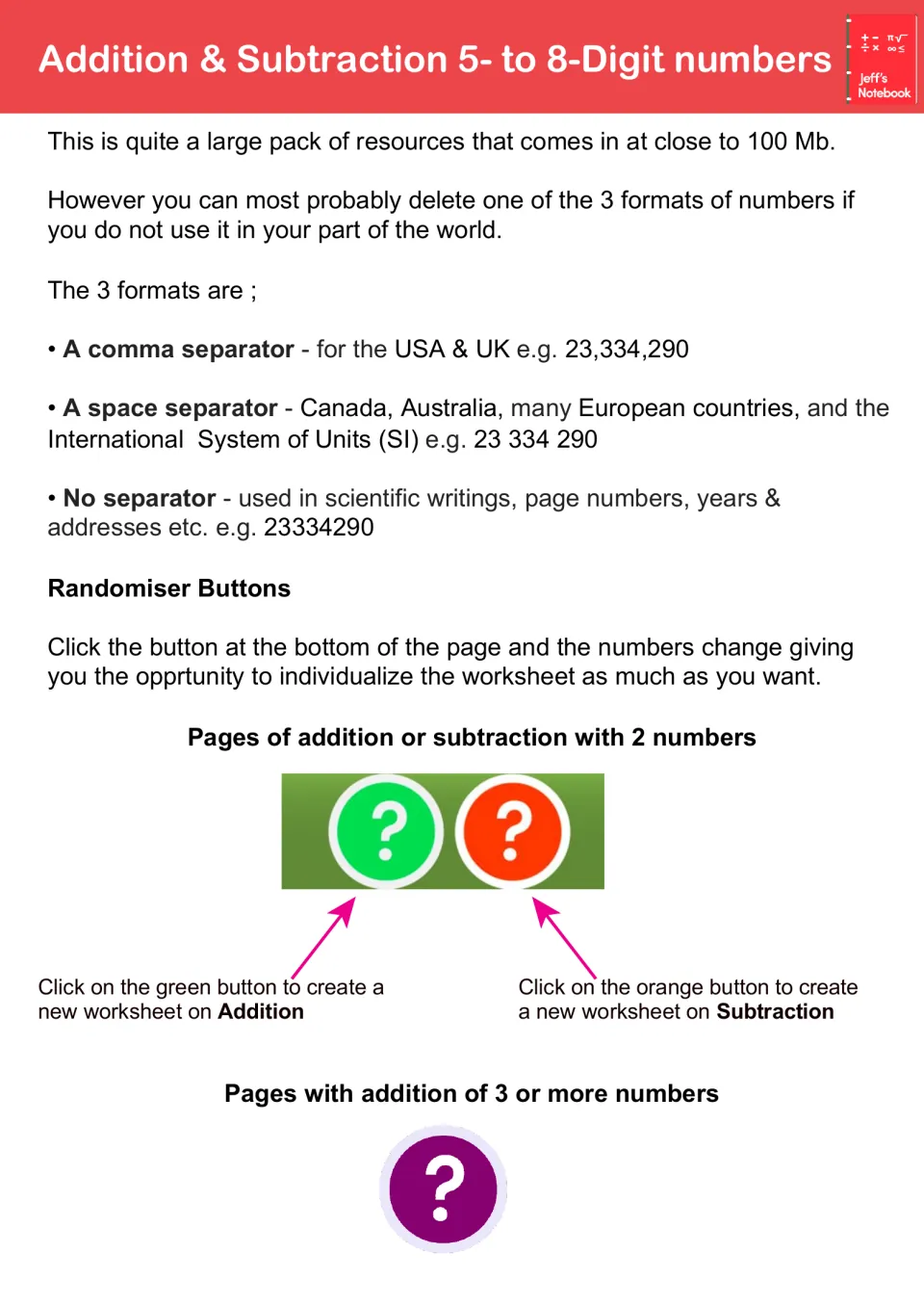 Guide instructions explain comma, space, and no-separator number formats and worksheet randomizer buttons