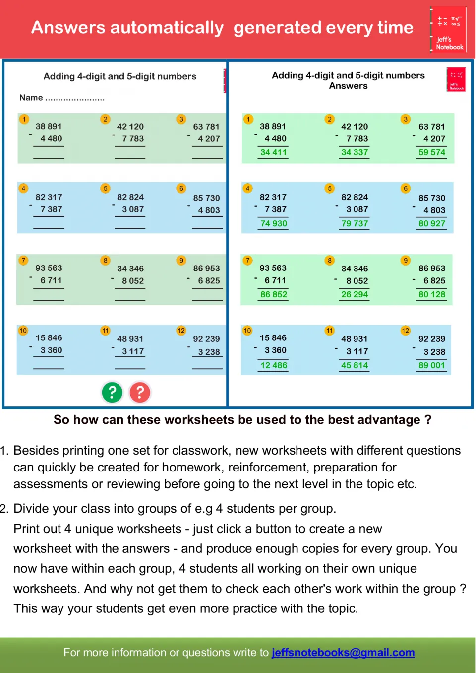 Guide sample pairs 12 subtraction problems with answers and suggests homework, review, and group practice