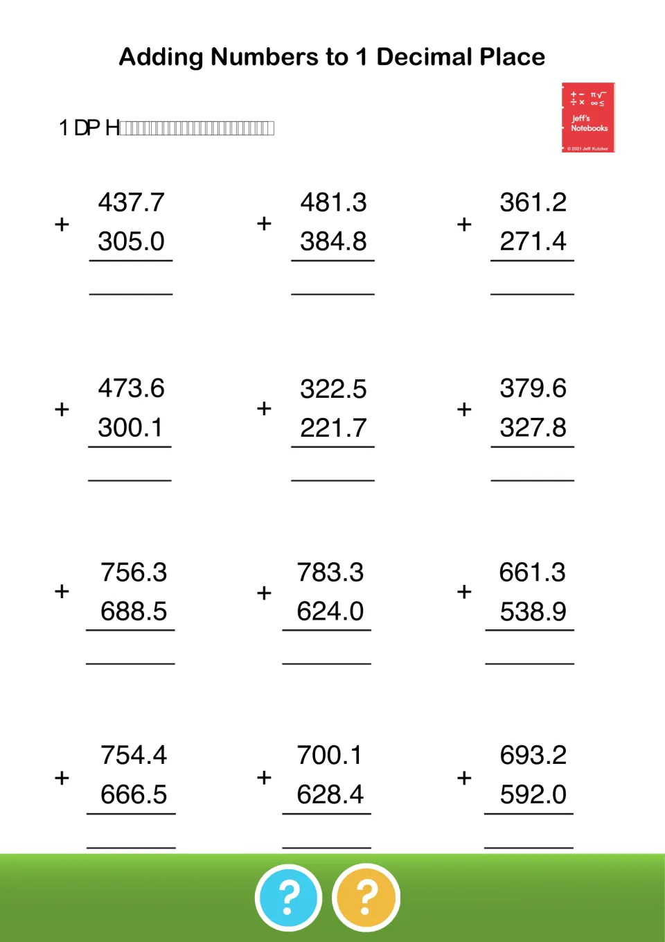 Adding numbers to 1 decimal place: students find 12 sums such as 437.7 + 305.0, 481.3 + 384.8 and 756.3 + 688.5