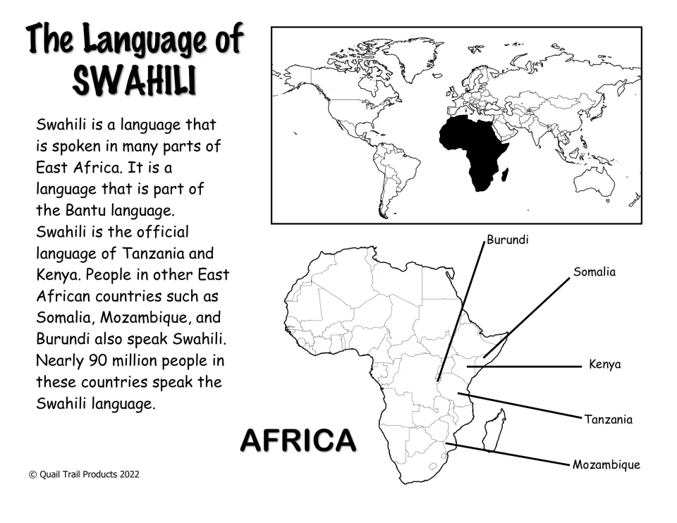 Swahili background reading and maps labeling Burundi, Somalia, Kenya, Tanzania and Mozambique in Africa