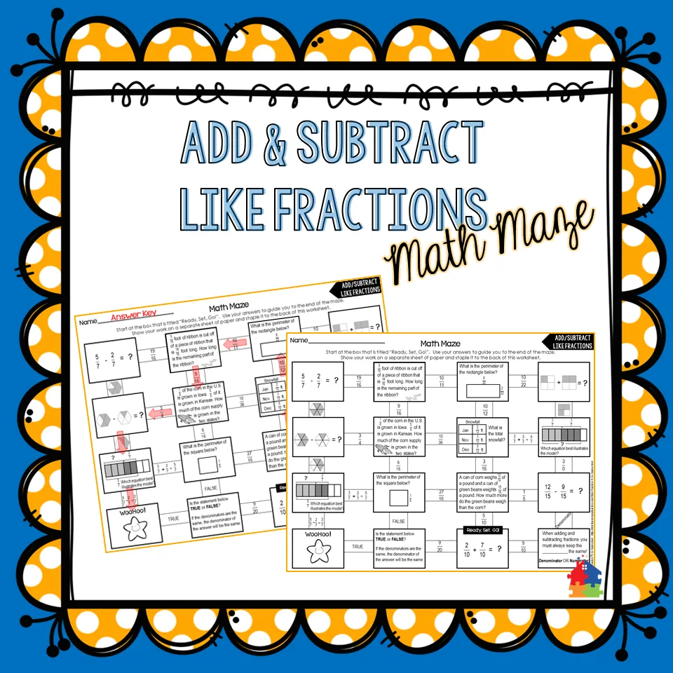 Add & Subtract Like Fractions Math Maze – cover