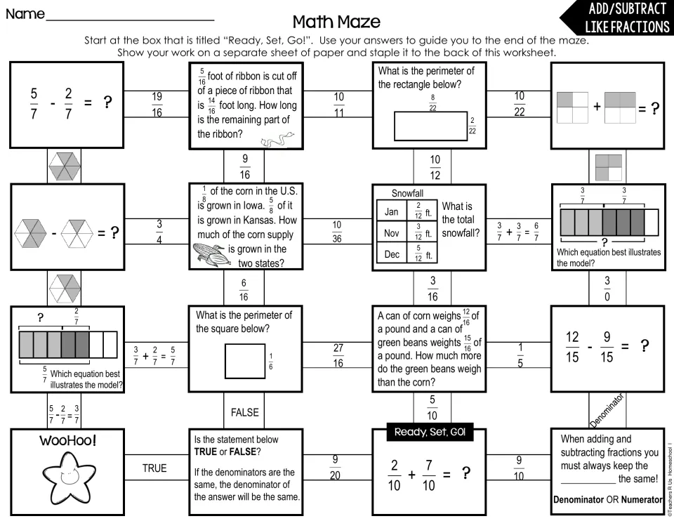 Like fractions maze: students solve sums, differences, word problems and fraction models, following answers to WooHoo!