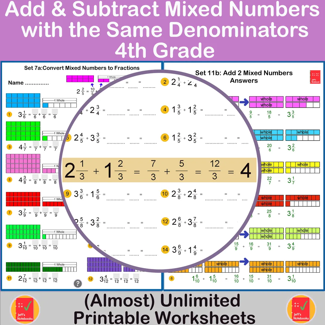 Add & Subtract Mixed Numbers – 14 Worksheet Sets – cover