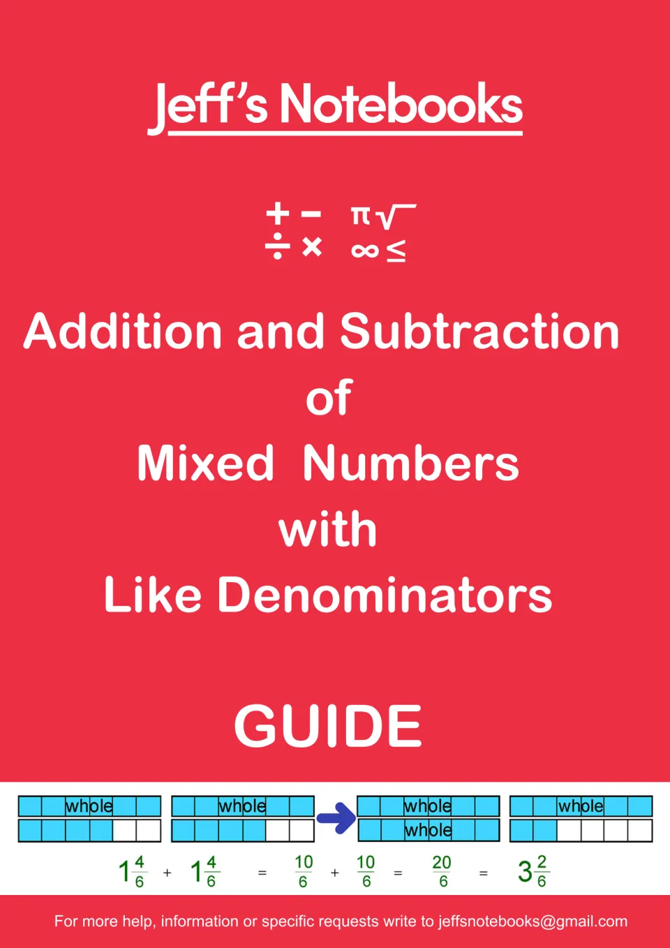 Cover: Addition and Subtraction of Mixed Numbers with Like Denominators guide, showing 1 4/6 + 1 4/6 = 3 2/6 on bar models