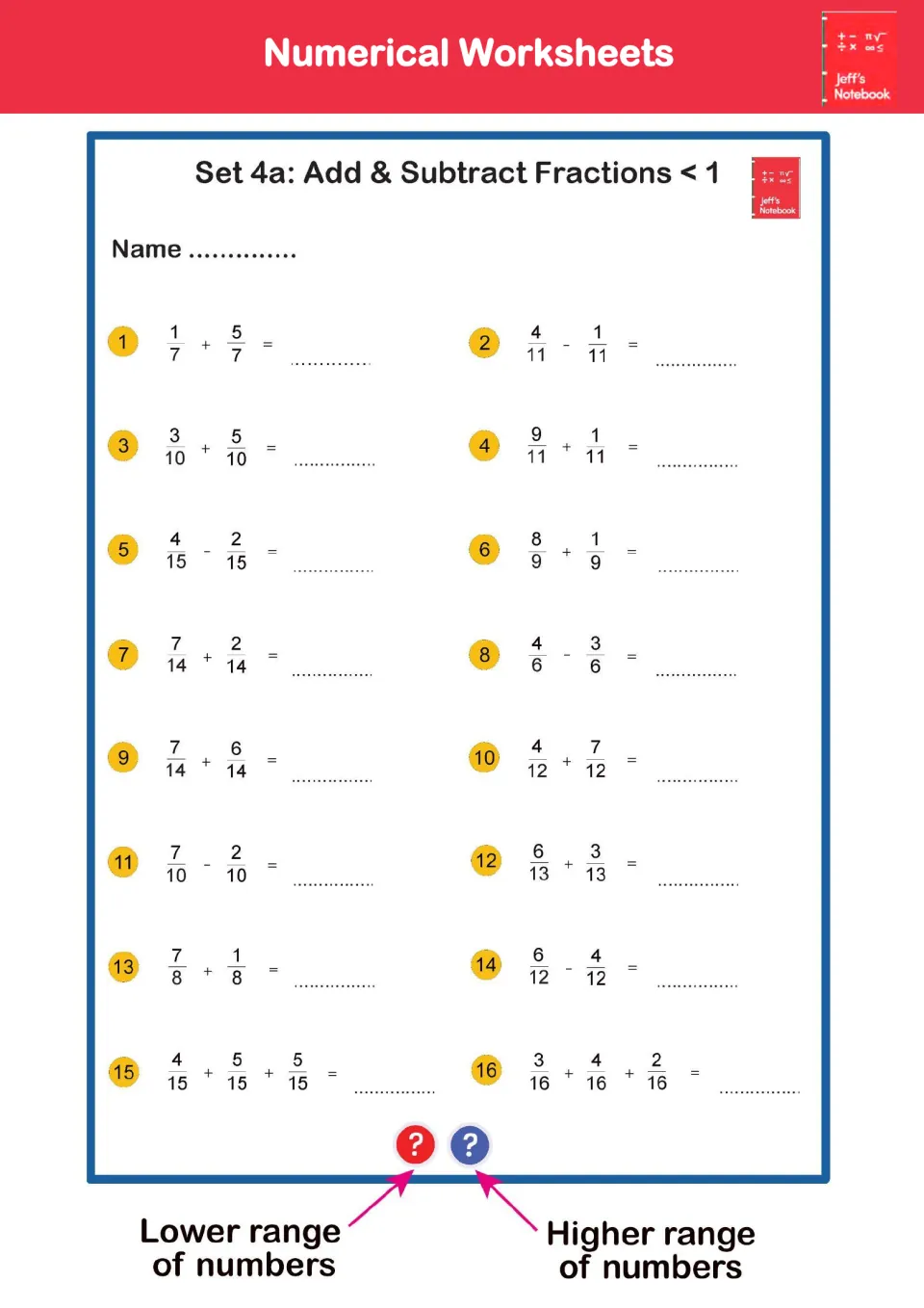 Sample Set 4a page: 16 numerical questions adding and subtracting fractions less than 1, with lower and higher range buttons