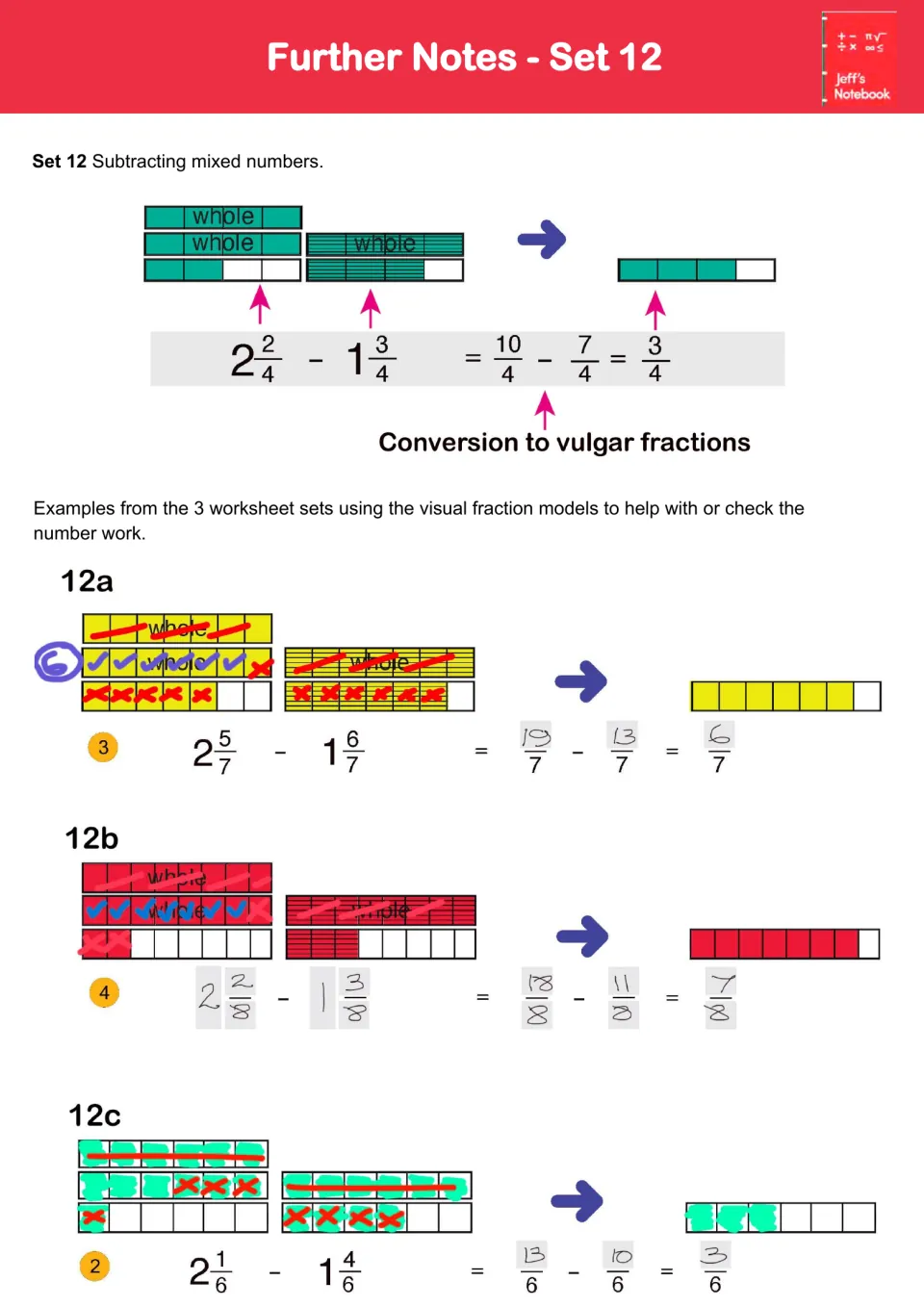 Notes on Set 12: subtracting mixed numbers such as 2 2/4 - 1 3/4 = 3/4 by converting to improper fractions, with 12a-c work