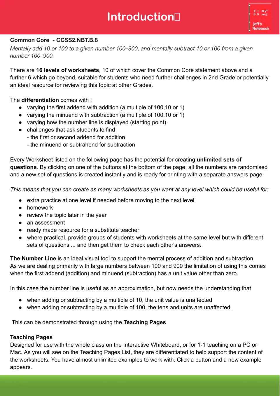 Introduction: mentally adding or subtracting 10 or 100 from numbers 100–900, with 16 worksheet levels and differentiation
