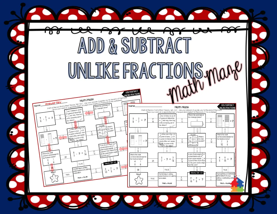 Add & Subtract Unlike Fractions Math Maze cover showing the student maze sheet and its answer key with red arrows