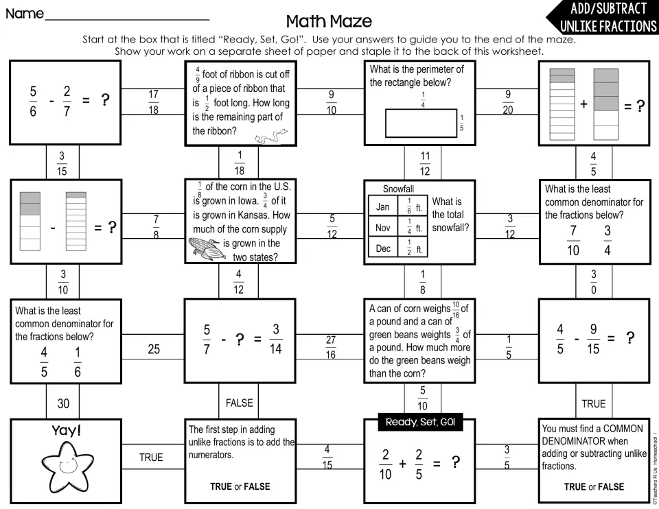 Fraction maze: from Ready, Set, Go! students add, subtract and find LCDs, using each answer to reach the Yay! finish