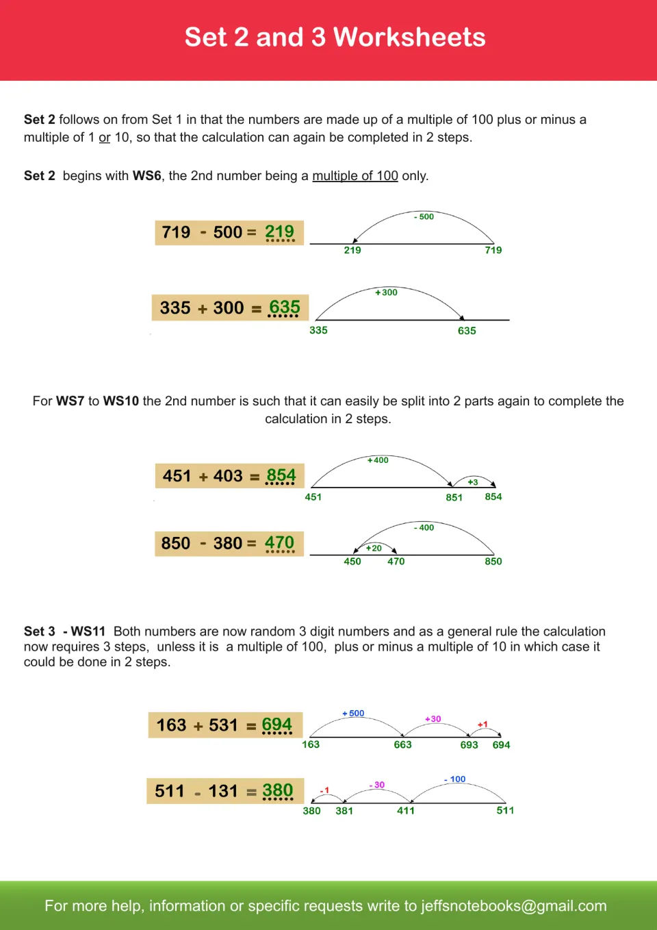 Set 2 and Set 3 examples: jumping by multiples of 100 then tens or ones, and three-jump solutions like 163 + 531 = 694