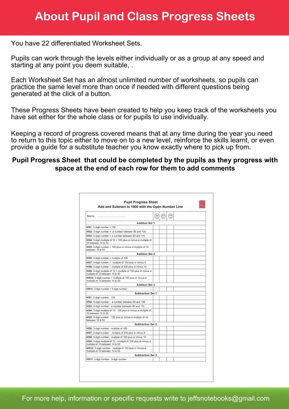 About the progress sheets: 22 differentiated worksheet sets and a pupil progress sheet with smiley-face self-ratings