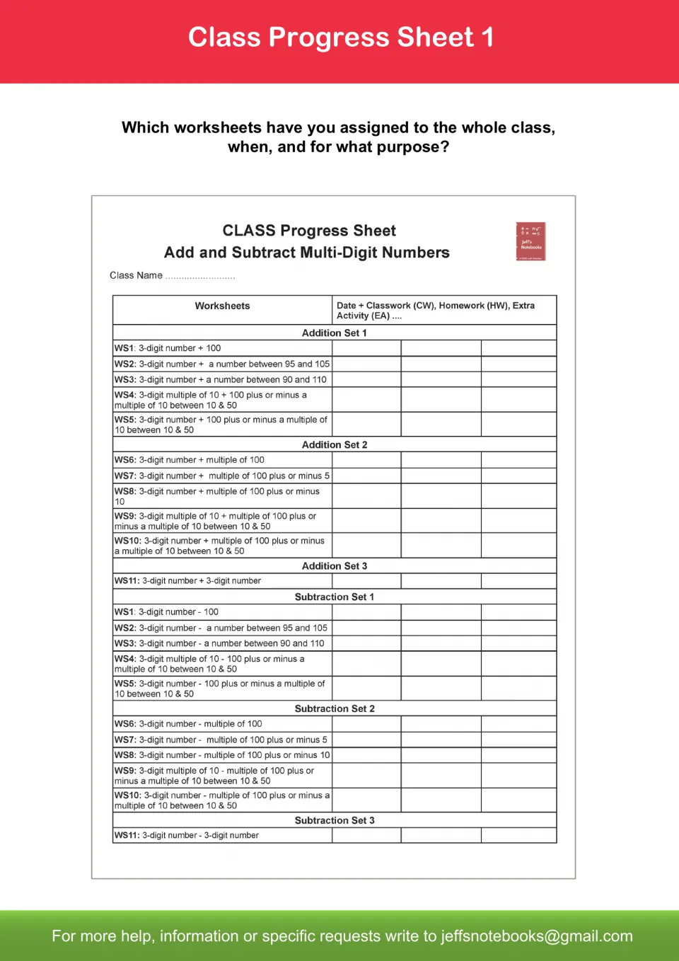 Class Progress Sheet 1: record which WS1 to WS11 levels the whole class was given, with dates and classwork or homework