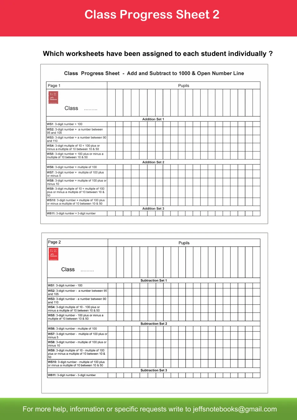Class Progress Sheet 2: track the addition and subtraction levels assigned to each pupil individually, WS1 to WS11