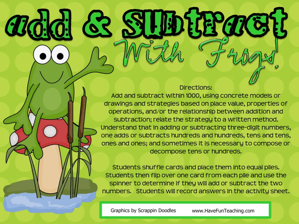 Add & Subtract With Frogs! cover: flip two number cards, spin to add or subtract, and record each problem on the sheet