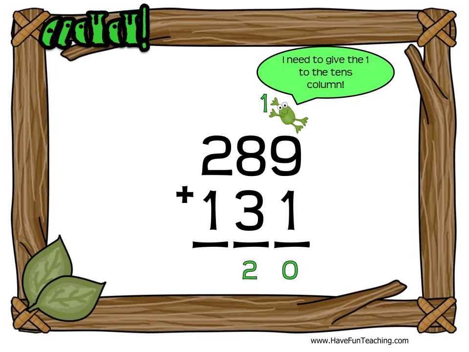 Add! example 289 plus 131: a frog carries the 1 to the tens column, showing regrouping when adding three-digit numbers