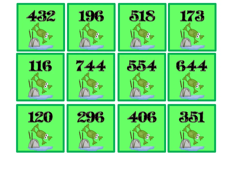 Frog number cards to cut out: twelve three-digit numbers including 432, 196, 518, 744 and 351 for the shuffled piles