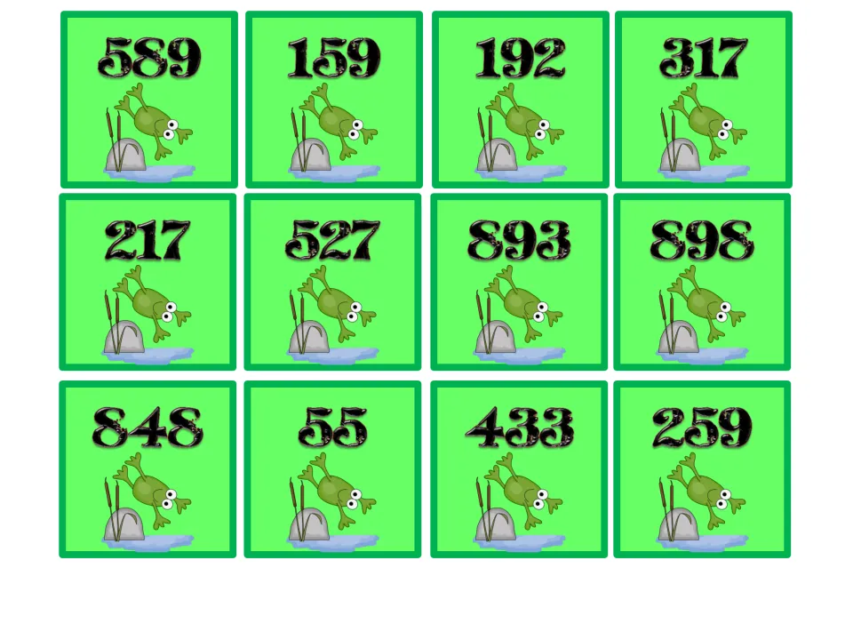 More frog number cards to cut out: twelve numbers such as 589, 217, 893, 848, 55 and 259 for flipping and computing