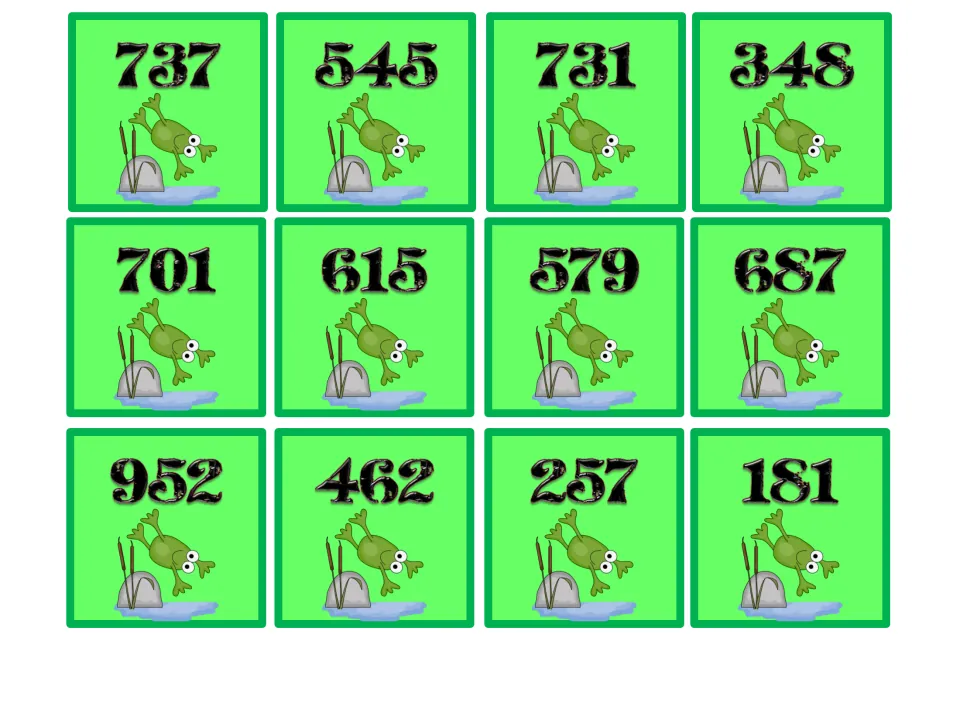 Last sheet of frog number cards: twelve three-digit numbers such as 737, 701, 615, 952, 462 and 181 to cut apart