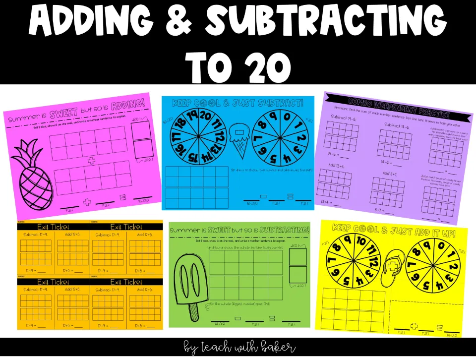 Adding & Subtracting to 20 cover showing dice and spinner mats, exit tickets and combo independent practice pages