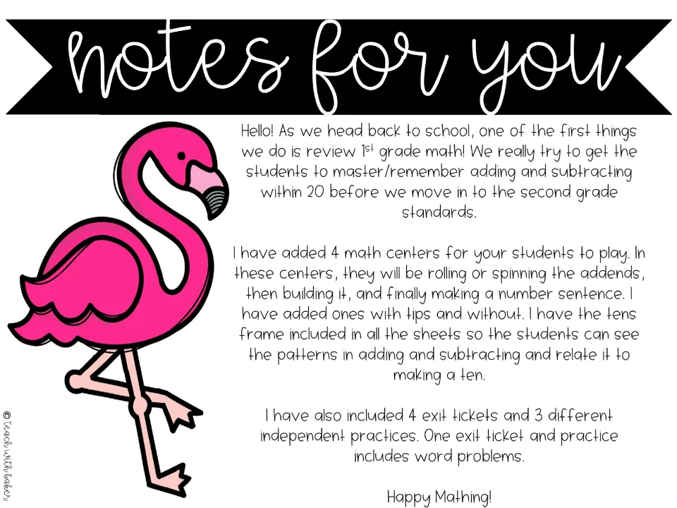 Notes for you: teacher letter explaining 4 math centers, 4 exit tickets and 3 independent practices, with a flamingo